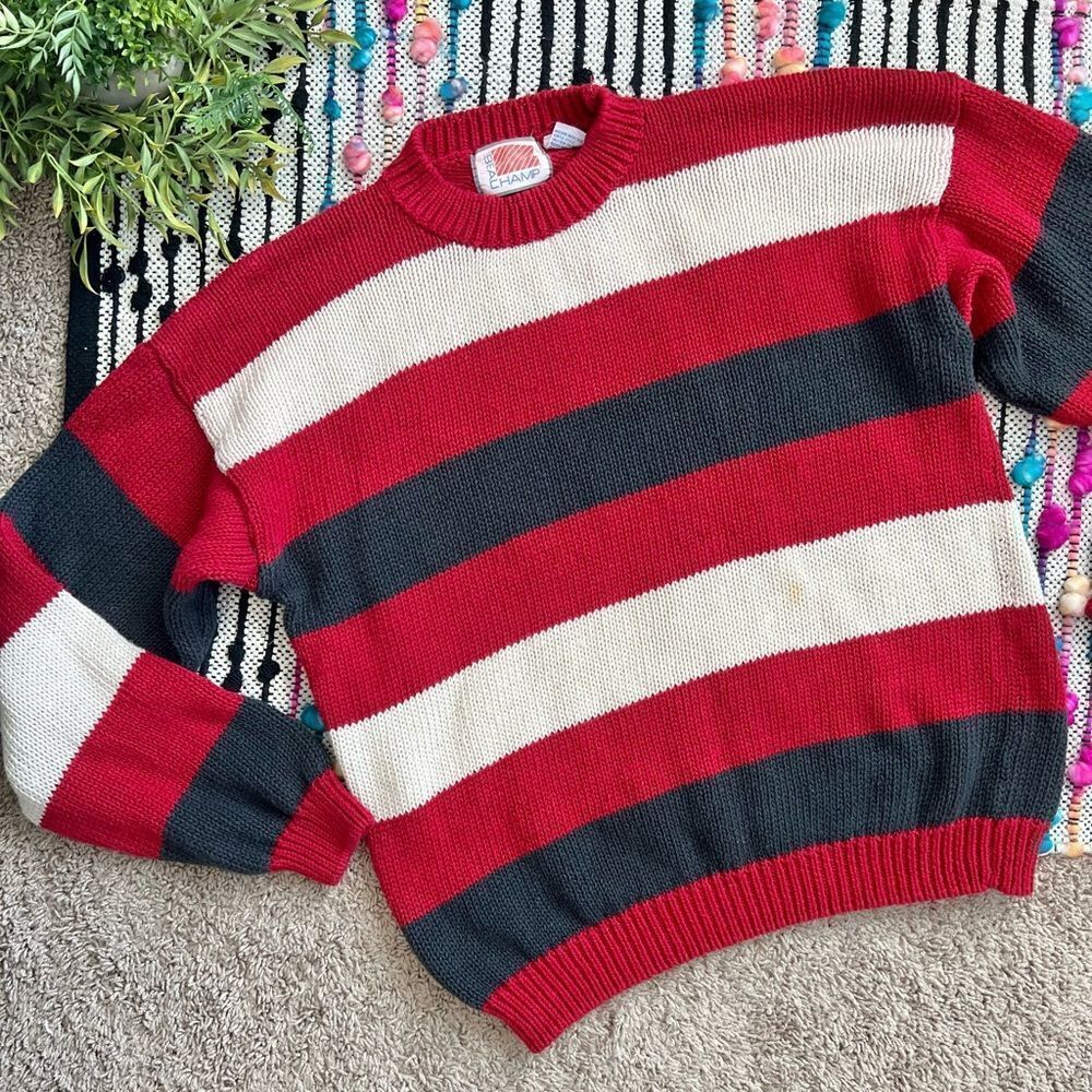 B&D Beauchamp Vintage Red White Black Chunky Knit Mens Sweater Sz M See Details‎